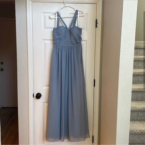 Azazie bridesmaid dusty blue chiffon floor length dress